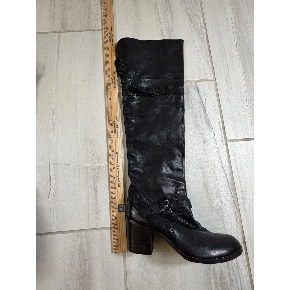 Jeannot Italy Black Leather Over The Knee Buckle Harness Block Heel Boots 40